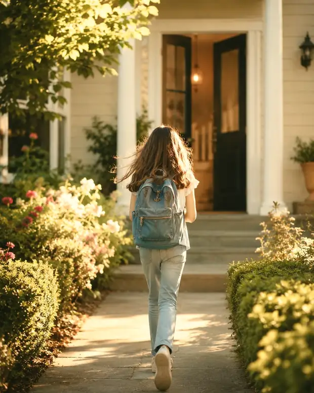 Une adolescente rentre seule chez elle, sac au dos, dans la lumière de fin d'après-midi.