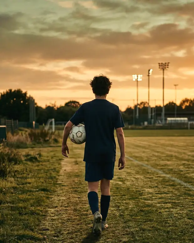 Un adolescent quitte le terrain de sport, un ballon sous le bras.