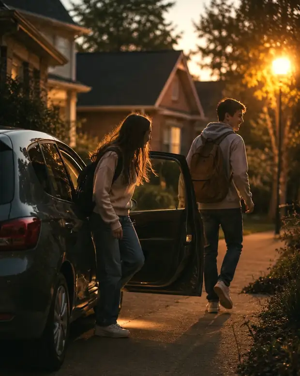 Deux adolescents descendent d'une voiture au crépuscule, sacs au dos.